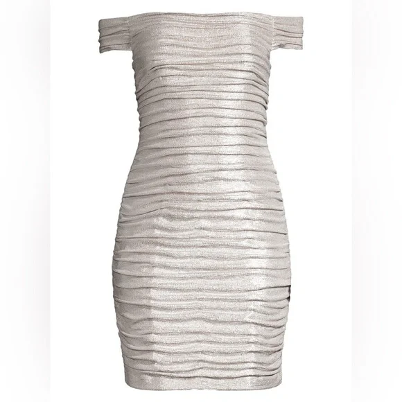 Aidan by Aidan Mattox Off The Shoulder Mini Foiled Cocktail Dress Champagne - Picture 2 of 9